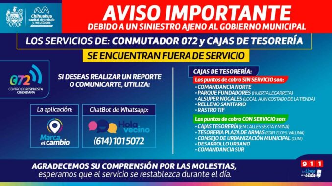 Trabaja Municipio en restaurar servicio del 072 y algunas cajas de cobro que presentan problemas